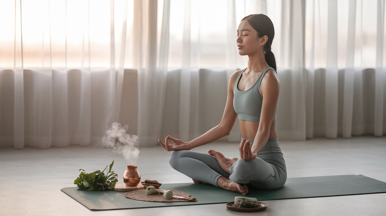 Create a realistic image of a serene Asian female performing a morning ritual at sunrise, seated on a yoga mat in a minimalist room with soft natural light streaming through sheer curtains, surrounded by Ayurvedic elements including a small copper vessel with steaming herbal tea, a wooden tongue scraper, and fresh herbs, her eyes closed in meditation with a peaceful expression conveying mind-body harmony.
