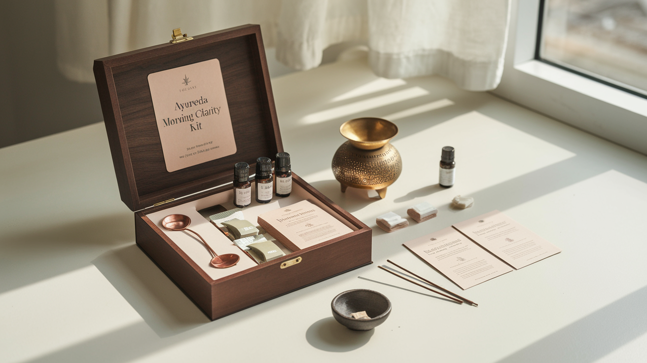 Create a realistic image of an elegant wooden box labeled "Ayurveda Morning Clarity Kit" opened to reveal its neatly arranged components including a copper tongue scraper, small bottles of essential oils, a brass oil warmer, herbal tea packets, incense sticks, a small ceramic bowl for ritual practices, and instruction cards, all set on a clean white surface with soft morning light streaming in from a window, creating a serene and mindful atmosphere.