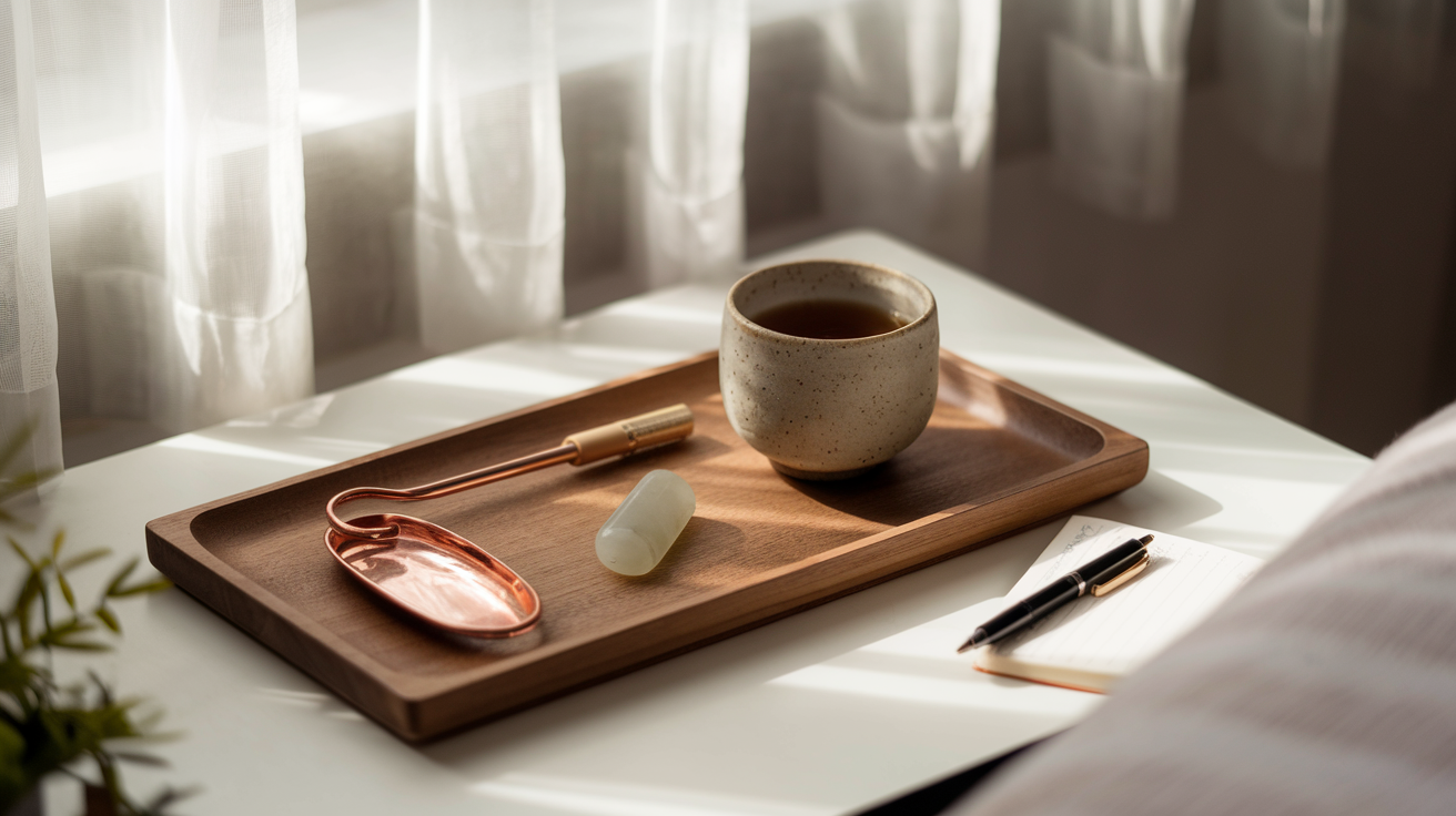 Create a realistic image of a serene morning scene with a wooden tray containing Ayurvedic elements like a copper tongue scraper, a small jade gua sha tool, and a ceramic cup of herbal tea on a peaceful bedroom nightstand, with soft morning light streaming through sheer curtains, a small journal and pen nearby for intention-setting, creating a calm, organized space perfect for mindful morning rituals.