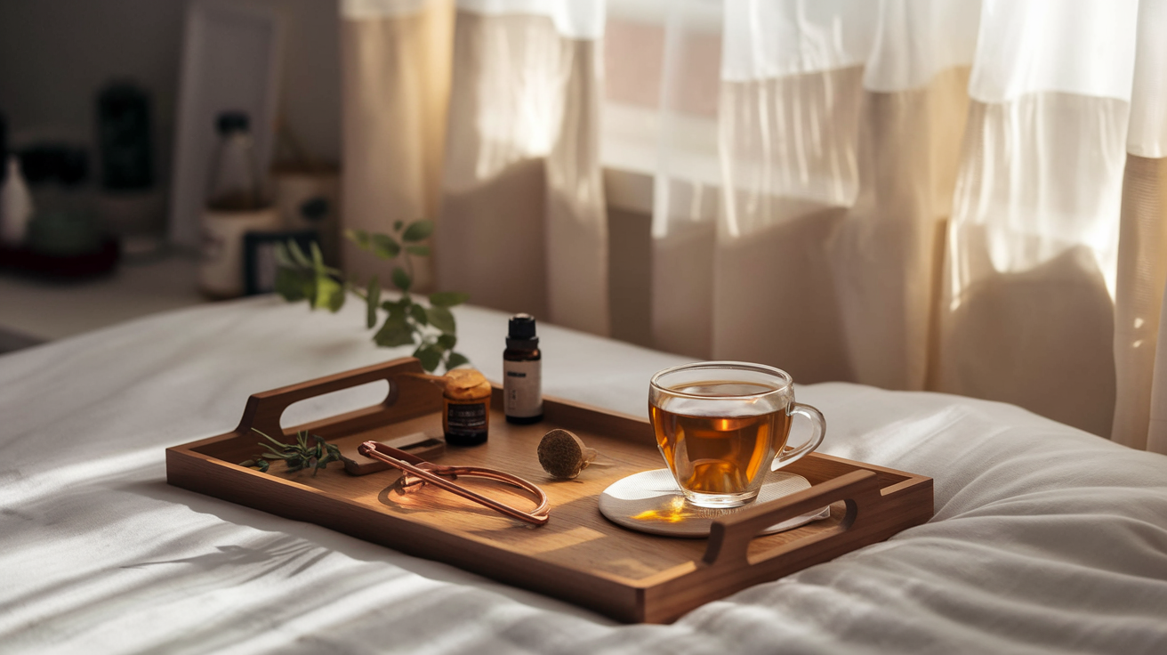 Create a realistic image of a serene morning scene featuring a wooden tray with Ayurvedic elements including a copper tongue scraper, aromatic herbs, essential oils, and a warm cup of herbal tea on a white bedsheet, with soft golden morning light streaming through sheer curtains, creating a peaceful atmosphere that suggests mental clarity and mindfulness for morning rituals.