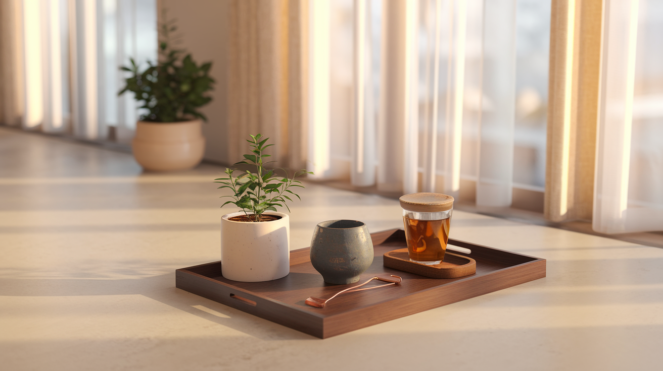 Create a realistic image of a serene, minimalist modern home space with a small Ayurvedic morning ritual setup, featuring a wooden tray holding a copper tongue scraper, ceramic oil pulling cup, herbal tea, and a small potted tulsi plant, bathed in warm morning sunlight streaming through sheer curtains, creating a peaceful atmosphere that blends traditional Ayurvedic elements with contemporary design.