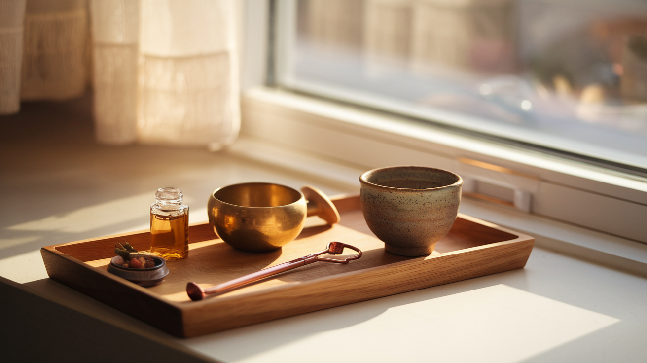 Create a realistic image of a serene morning scene with a wooden tray containing Ayurvedic elements - a copper tongue scraper, small jar of oil, brass meditation bowl, and herbal tea in an earthen cup - placed by a sunny window with soft golden light streaming in, creating a peaceful atmosphere that symbolizes mindful morning rituals and clarity.