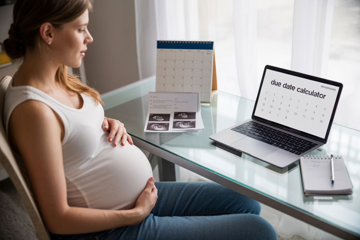 Create a realistic image of a pregnant white woman in her late twenties sitting at a clean, modern desk with a laptop computer open displaying a due date calculator interface, with a calendar, ultrasound photos, and a notepad with pregnancy milestone notes scattered nearby, soft natural lighting from a window, peaceful and organized home office setting, with the text "Due Date Calculator" prominently displayed on the laptop screen.