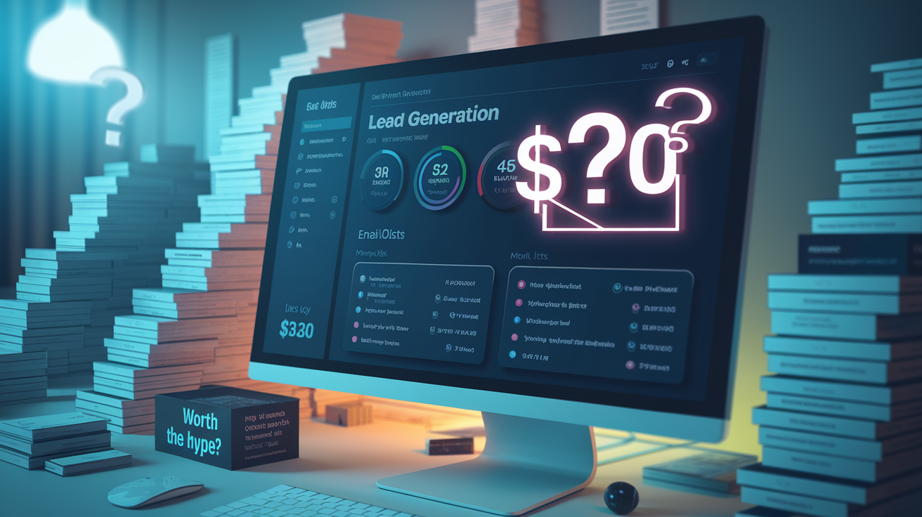 Create a realistic image of a sleek digital lead generation dashboard on a computer screen showing statistics and email lists, with a $30 price tag prominently displayed, a question mark symbol hovering above to indicate uncertainty, and stacks of business cards or contact lists fading from high quality to low quality in the background, with soft blue lighting creating a tech atmosphere and the text "Worth the Hype?" visible in the corner.