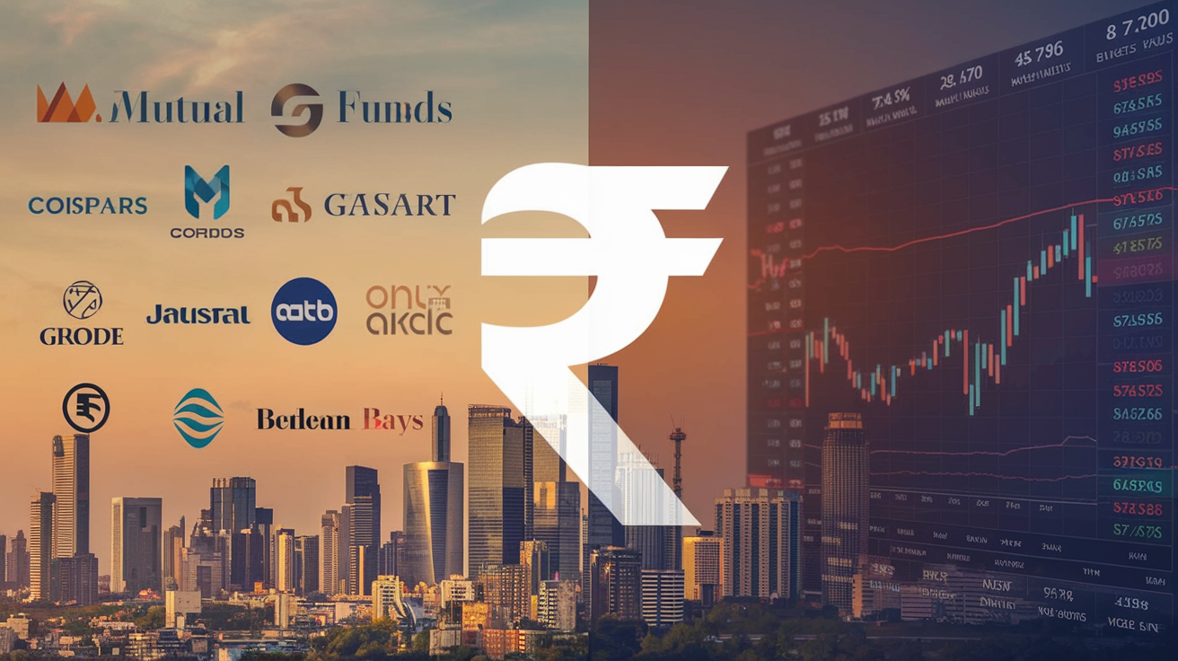 Create a realistic image of a split screen showing mutual funds (represented by a diverse portfolio of company logos) on the left and individual stocks (shown as stock tickers and charts) on the right, with an Indian rupee symbol overlaid in the center, all set against a background of Mumbai's skyline, with warm lighting to evoke a sense of financial opportunity and growth.