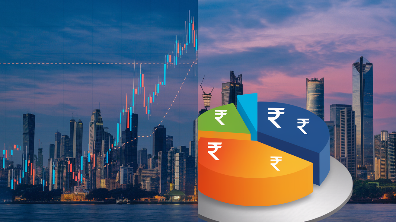 Create a realistic image of a split-screen display showing a stock market chart with rising and falling lines on one side and a pie chart representing a diversified mutual fund portfolio on the other, with Indian rupee symbols overlaid on both sides, set against a background of Mumbai's financial district skyline at dusk.