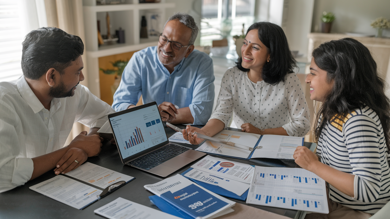 Create a realistic image of an Indian family, including a middle-aged man and woman with their adult son and daughter, sitting around a dining table with financial documents, mutual fund brochures, and a laptop displaying investment graphs, symbolizing financial planning and the advantages of mutual funds for Indian investors.