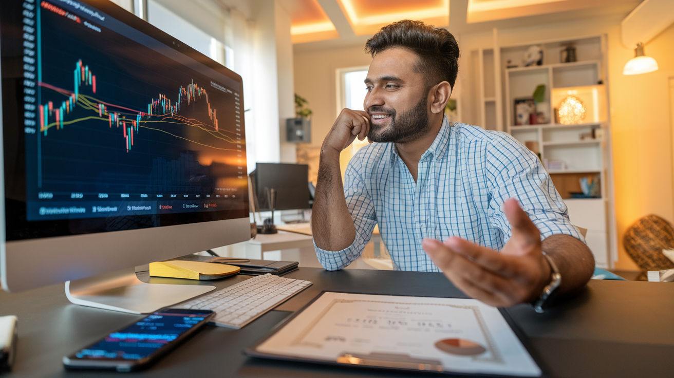 Create a realistic image of an Indian male investor sitting at a desk, studying stock charts on a computer screen, with a satisfied expression. A physical stock certificate and a smartphone displaying real-time stock prices are visible on the desk. The background shows a modern home office with Indian decor elements. Warm lighting emphasizes a sense of success and financial growth.