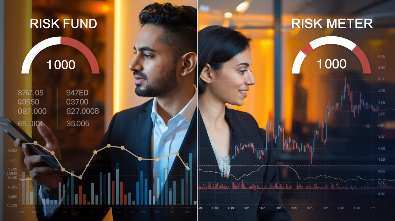 Create a realistic image of a split-screen showing two Indian investors, one male and one female, analyzing financial charts and graphs. On the left side, depict mutual fund portfolios with diversified holdings and lower volatility. On the right side, show individual stock charts with higher peaks and troughs. Include risk meters above each side, with the mutual fund side showing lower risk levels compared to the stock side. Use warm lighting to create a professional office atmosphere.