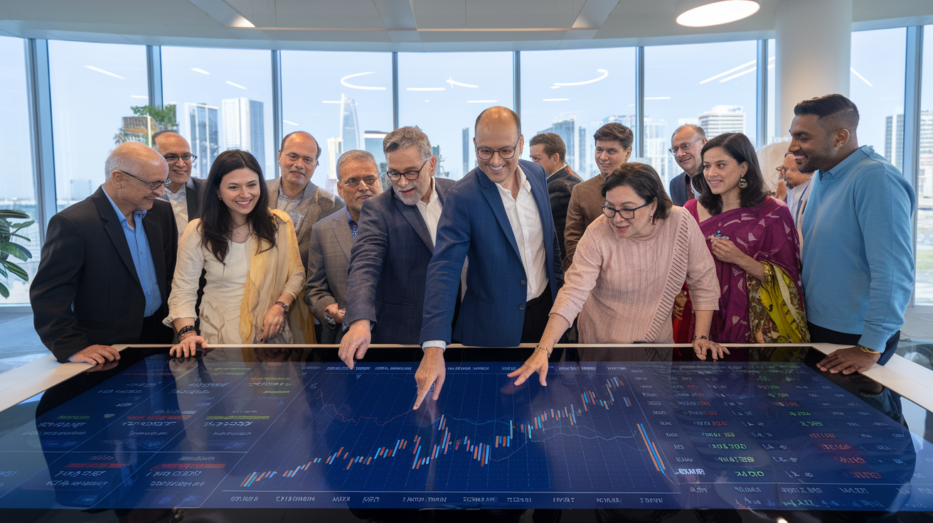 Create a realistic image of a diverse group of Indian investors, including men and women of various ages, gathered around a large touchscreen display showing graphs of mutual funds and stock performances, with some people pointing at specific data points, while others are engaged in discussion, set in a modern, well-lit office space with Mumbai's skyline visible through floor-to-ceiling windows in the background.