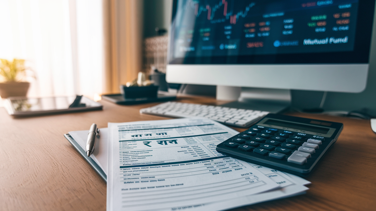 Create a realistic image of an Indian tax document with rupee symbols, next to a calculator and a pen on a wooden desk, with a computer screen in the background showing stock market charts and mutual fund logos, soft indoor lighting creating a professional office atmosphere.