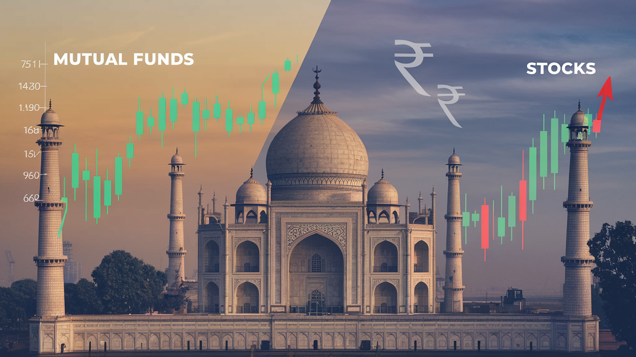 Create a realistic image of a split-screen comparison showing two Indian stock market charts side by side, one labeled "Mutual Funds" and the other "Stocks", with green and red arrows indicating performance, set against a backdrop of Mumbai's skyline featuring iconic buildings like the Taj Mahal Palace Hotel, with subtle rupee symbols floating in the background to emphasize the Indian financial context.