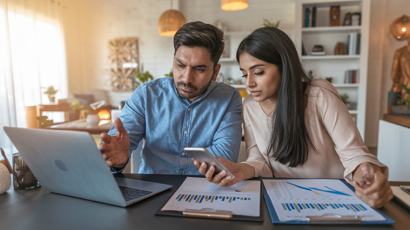 Create a realistic image of an Indian couple in their 30s, sitting at a desk with a laptop, financial documents, and a smartphone, comparing mutual fund and stock market charts. The background shows a modern home office with Indian decor. Soft warm lighting creates a thoughtful atmosphere as they discuss their investment options.