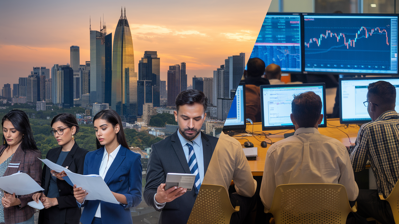 Create a realistic image of a split screen showing a diverse group of Indian investors on one side examining mutual fund documents and on the other side analyzing stock market charts on computer screens, with a background of Mumbai's financial district skyline at sunset, conveying a sense of decision-making and financial growth.