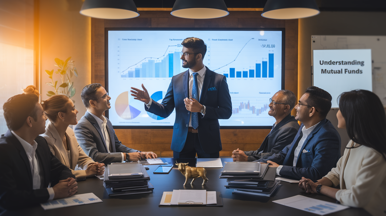 Create a realistic image of an Indian financial professional, male, explaining mutual funds to a diverse group of attentive investors in a modern office setting, with charts and graphs displayed on a large screen behind him, stacks of financial documents and a miniature bull statue on the desk, warm lighting, and the text "Understanding Mutual Funds" visible on a whiteboard.