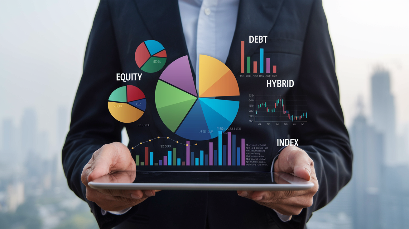 Create a realistic image of a diverse array of colorful pie charts and bar graphs representing different types of mutual funds, with labels such as "Equity," "Debt," "Hybrid," and "Index" clearly visible, displayed on a sleek digital tablet screen held by Indian hands, with the Mumbai skyline visible in the background, creating a professional and financial atmosphere.