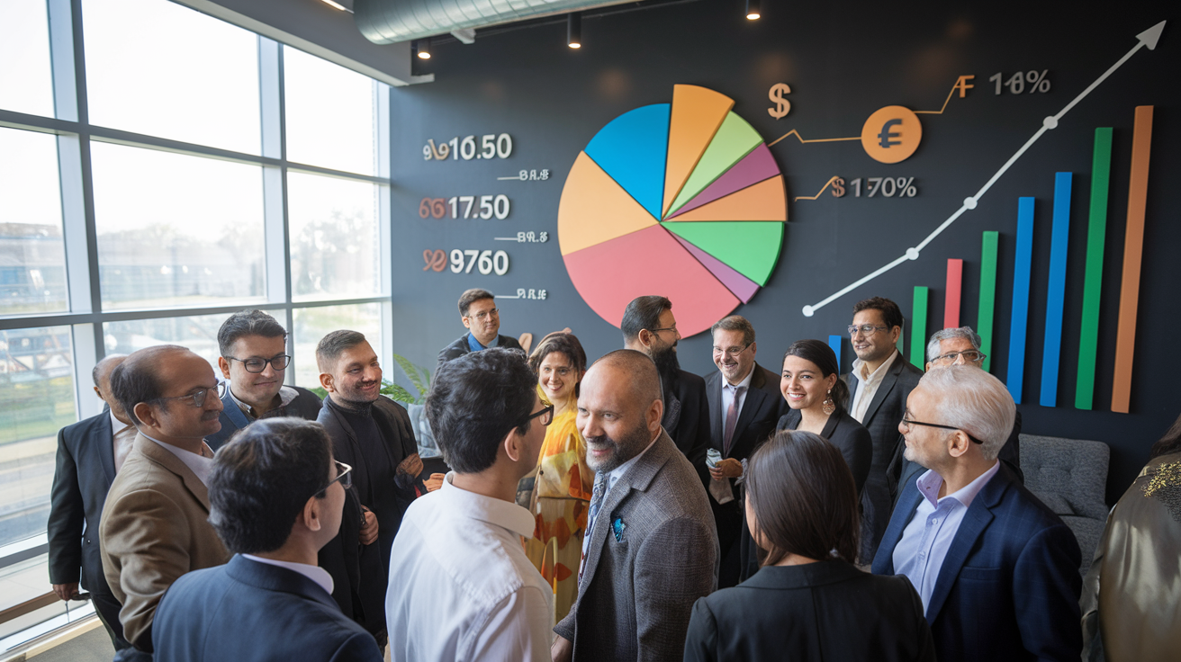 Create a realistic image of a diverse group of Indian investors, including men and women, gathered around a large, colorful pie chart representing mutual fund allocation, with upward-trending graphs and currency symbols in the background, symbolizing growth and financial success in a modern office setting with natural lighting streaming through large windows.