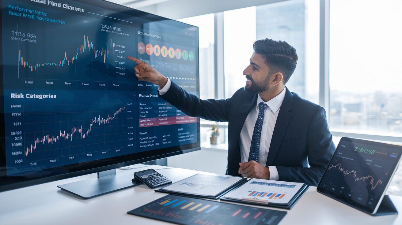 Create a realistic image of a professional Indian financial advisor, male, in a modern office setting, pointing to a large screen displaying various mutual fund charts and graphs. The screen shows performance metrics, risk analysis, and fund categories. On the desk are neatly arranged financial reports, a calculator, and a tablet showing real-time market data. The lighting is bright and professional, creating a sense of clarity and expertise.