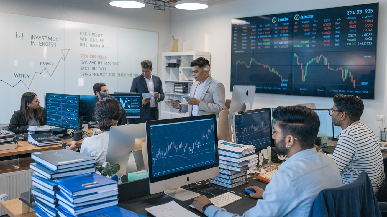 Create a realistic image of a modern Indian office with financial professionals analyzing mutual fund charts and graphs on computer screens, a whiteboard with investment strategies written in English, stacks of financial reports on desks, and a large wall-mounted digital display showing real-time market data for Indian stock exchanges.