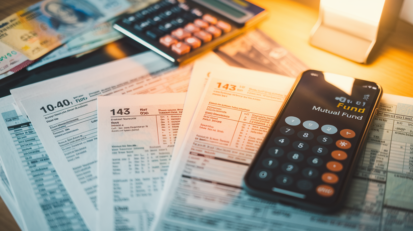 Create a realistic image of a desktop with financial documents, tax forms, and a calculator displaying numbers, alongside a smartphone showing a mutual fund app interface, all illuminated by warm desk lighting, with a background of blurred Indian currency notes to subtly represent the context of mutual funds in India.