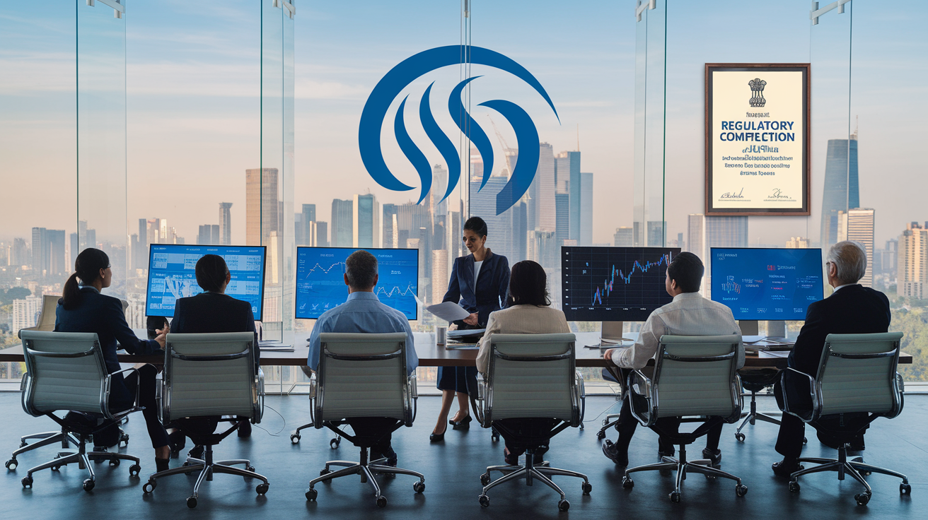 Create a realistic image of a modern office interior with a large glass window displaying the Mumbai skyline, showing a diverse group of Indian financial professionals (both male and female) seated around a conference table, reviewing documents and digital screens displaying financial charts and graphs. On the wall, there's a visible logo of SEBI (Securities and Exchange Board of India) and a framed regulatory compliance certificate, emphasizing investor protection and regulatory oversight in the Indian mutual fund industry.