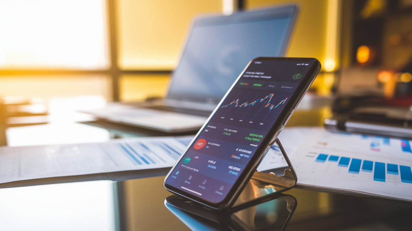 Create a realistic image of a sleek smartphone displaying a mobile investment app interface, with graphs and charts of mutual fund performance visible on the screen, placed on a modern desk with a laptop and financial documents in the background, warm office lighting, and a subtle Indian flag or rupee symbol visible to indicate the Indian context.