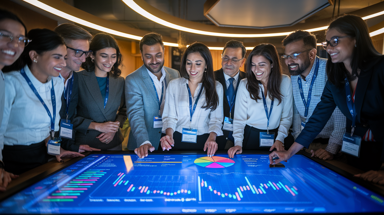Create a realistic image of a diverse group of Indian professionals (men and women) gathered around a large touchscreen display showing colorful charts and graphs of mutual fund performance, with a modern office setting in the background, warm lighting, and a sense of collaboration and financial success.