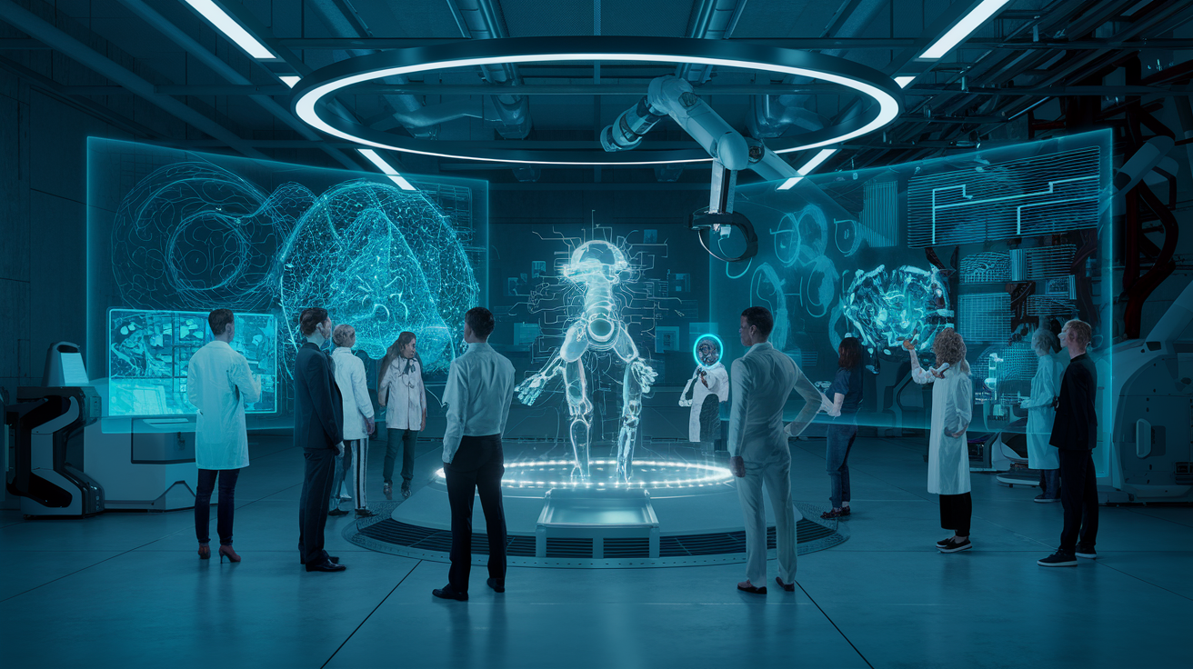 Create a realistic image of a futuristic laboratory with self-evolving AI systems represented by holographic displays showing complex algorithms and neural networks, surrounded by diverse scientists observing and interacting with the AI, with robotic arms and advanced machinery in the background, all bathed in a cool blue light to emphasize the high-tech atmosphere.