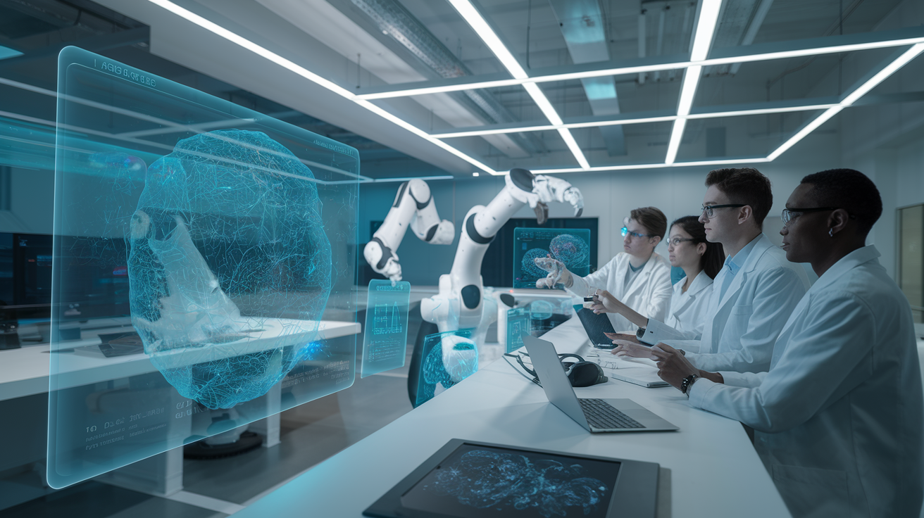 Create a realistic image of a futuristic AI laboratory with holographic displays showing evolving neural networks, a robotic arm assembling itself, and a diverse team of scientists (including a white male, Asian female, and black male) observing and analyzing data, with a bright, high-tech atmosphere and subtle blue lighting to emphasize innovation and progress.
