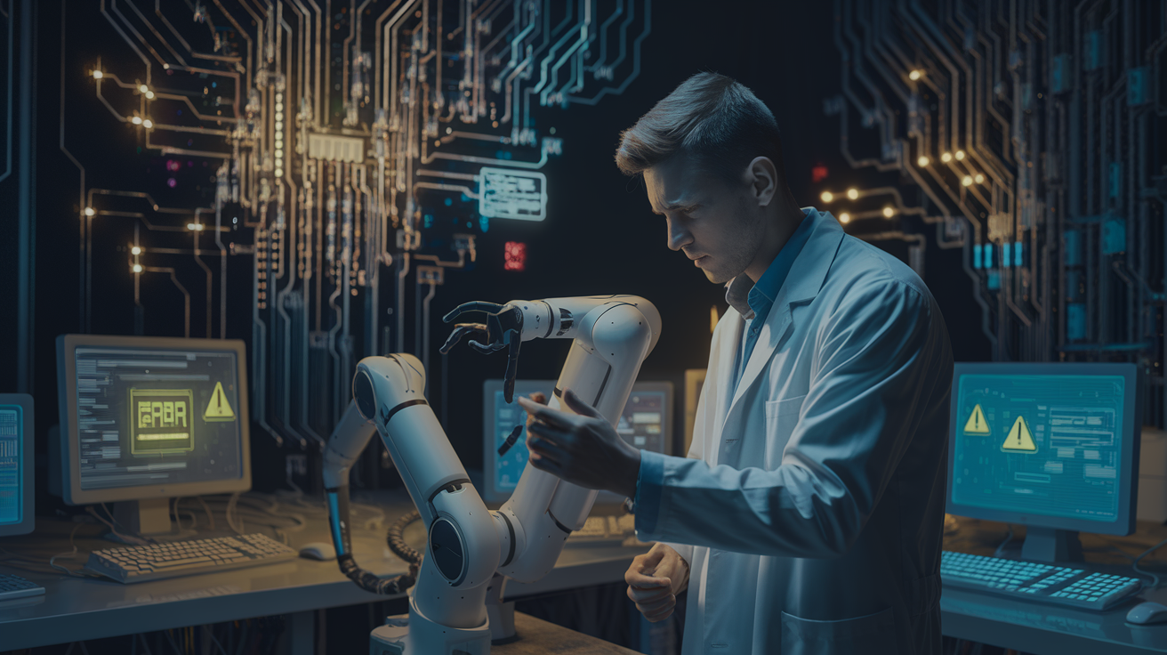 Create a realistic image of a complex network of interconnected circuits and nodes, some glowing brightly while others flicker or remain dark, symbolizing the challenges and limitations of self-evolving AI. In the foreground, place a frustrated-looking white male scientist in a lab coat, furrowing his brow as he examines a malfunctioning robotic arm. The background should show dimly lit computer screens displaying error messages and warning signs, creating a tense and uncertain atmosphere.