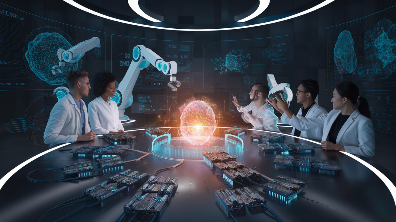 Create a realistic image of a futuristic AI lab with holographic displays showing evolving neural networks, robotic arms assembling intricate circuits, and a diverse team of scientists (including white male, black female, and Asian male) observing and interacting with a central, glowing AI core that seems to be changing and growing in real-time, symbolizing the self-evolving nature of AI technology.