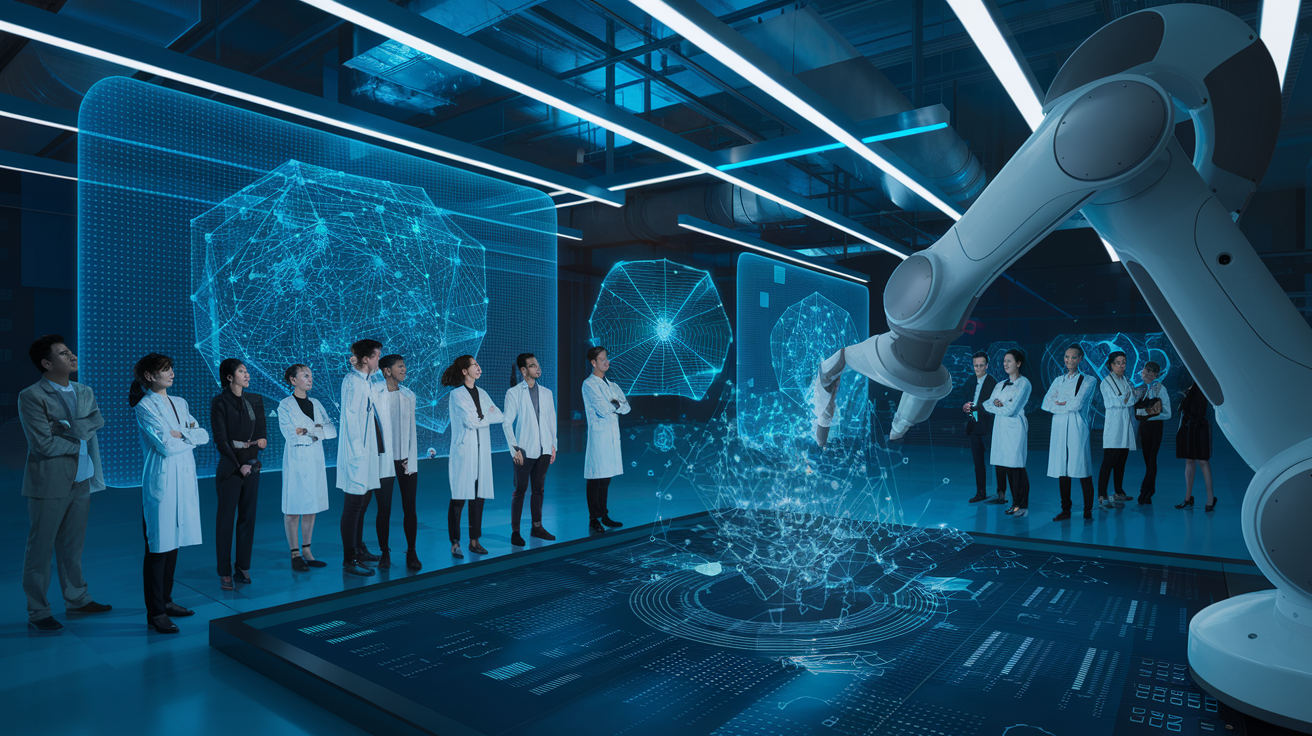 Create a realistic image of a futuristic AI lab with holographic displays showing evolving neural networks, a diverse team of scientists observing, and a large robotic arm in the foreground manipulating data visualizations, all bathed in cool blue lighting to convey advanced technology and innovation.