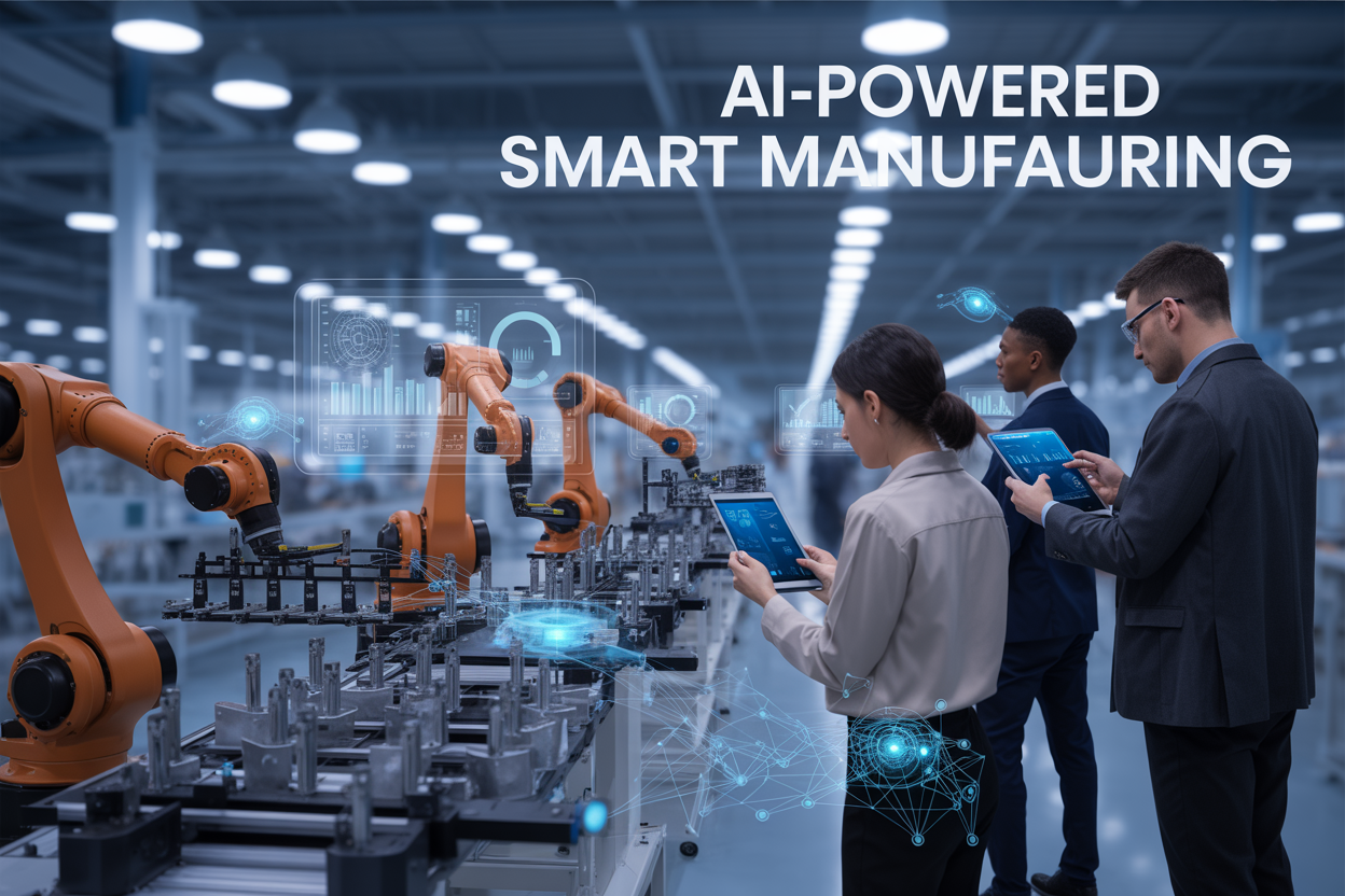 Create a realistic image of a modern smart factory floor with robotic arms assembling products on an automated production line, holographic data displays showing predictive analytics charts floating above the machinery, a diverse group of three engineers (one white female, one black male, one Asian male) monitoring operations on digital tablets, industrial IoT sensors and blue glowing network connections visible throughout the facility, soft blue and white LED lighting creating a high-tech atmosphere, with the text "AI-Powered Smart Manufacturing" prominently displayed as a sleek overlay in the upper portion of the image.