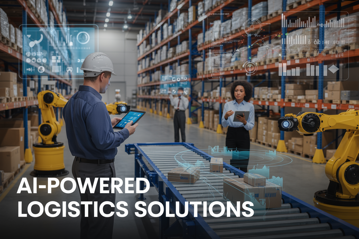 Create a realistic image of a modern logistics warehouse interior with automated robots moving packages, digital screens displaying AI analytics dashboards, a diverse group of workers including a white male supervisor wearing a hard hat reviewing data on a tablet and a black female logistics coordinator monitoring operations, conveyor belts with smart sensors, holographic data visualizations floating above the warehouse floor showing transportation routes and predictive analytics graphs, warm industrial lighting with blue digital interface glows, and bold text overlay reading "AI-Powered Logistics Solutions" in modern sans-serif font.