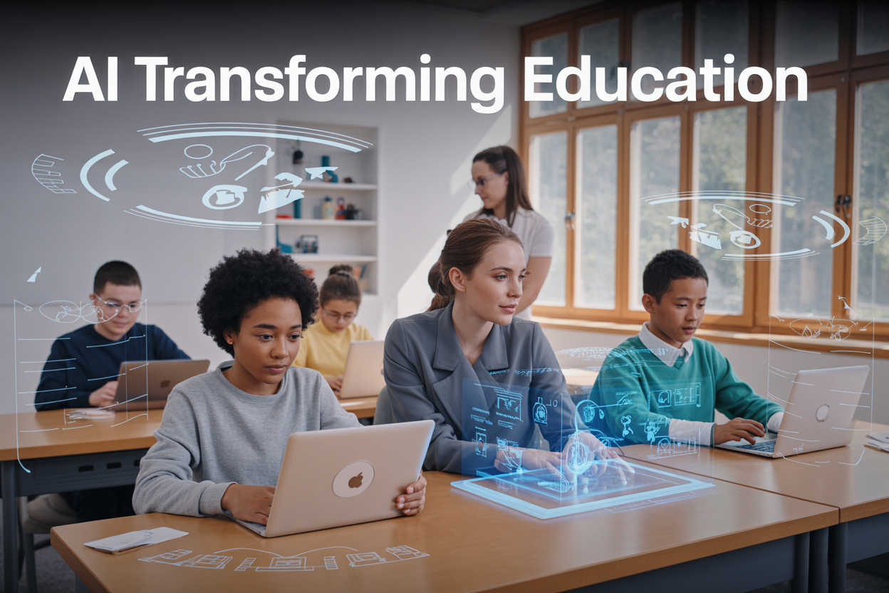 Create a realistic image of a modern classroom with diverse students of different races (white, black, Hispanic, Asian) and genders using tablets and laptops, with holographic AI-generated educational content floating above their devices, a female white teacher observing student progress on a smart dashboard, futuristic learning interface elements overlaying the scene, warm natural lighting from large windows, and the text "AI Transforming Education" prominently displayed at the top of the image.