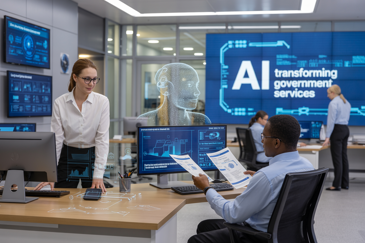 Create a realistic image of a modern government office with diverse government employees including a white female administrator at a computer workstation and a black male official reviewing digital documents, featuring holographic AI interface elements and data visualizations floating above their desks, with digital screens displaying citizen service dashboards and automated workflow charts on the walls, bright professional lighting, clean contemporary government building interior with glass partitions and the text "AI Transforming Government Services" prominently displayed on a large digital wall display in the background.