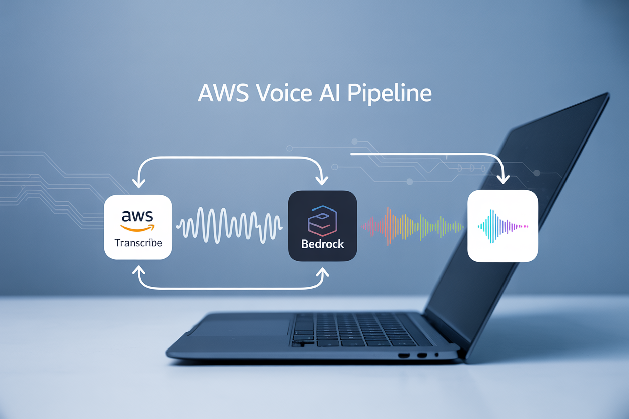 Create a realistic image of a modern tech workspace showing three connected AWS service icons (Transcribe, Bedrock, and Polly) floating above a sleek laptop computer, with visual data flow arrows connecting speech waveforms on the left to AI processing symbols in the center to sound waves on the right, set against a clean blue-gradient background with subtle circuit patterns, featuring the text "AWS Voice AI Pipeline" prominently displayed, with soft professional lighting and a futuristic yet approachable atmosphere.