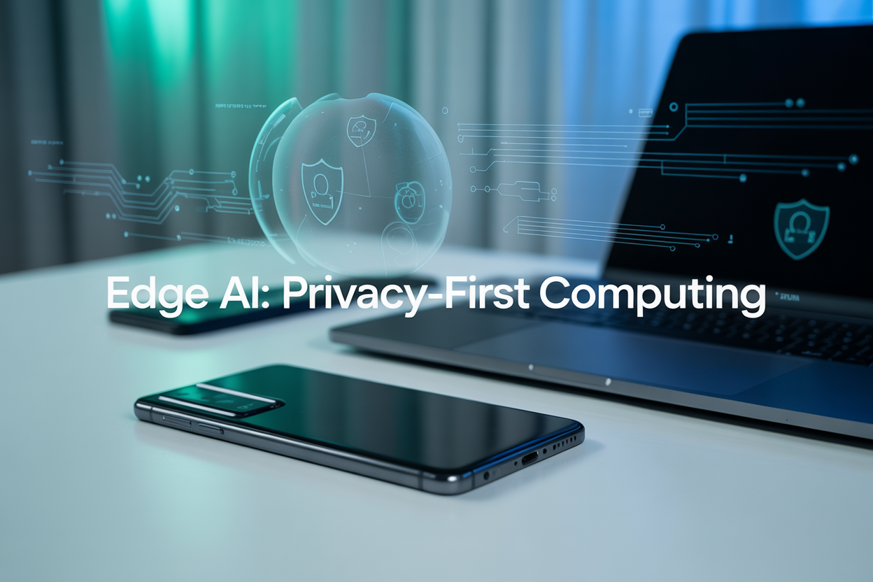Create a realistic image of a sleek modern smartphone and laptop on a clean white desk with holographic-style data visualizations floating above them, showing interconnected nodes and privacy shield icons, soft blue and green lighting creating a futuristic tech atmosphere, with the text "Edge AI: Privacy-First Computing" overlaid in modern sans-serif font, background featuring subtle circuit board patterns and abstract geometric shapes suggesting local data processing, overall mood conveying innovation and security in technology.