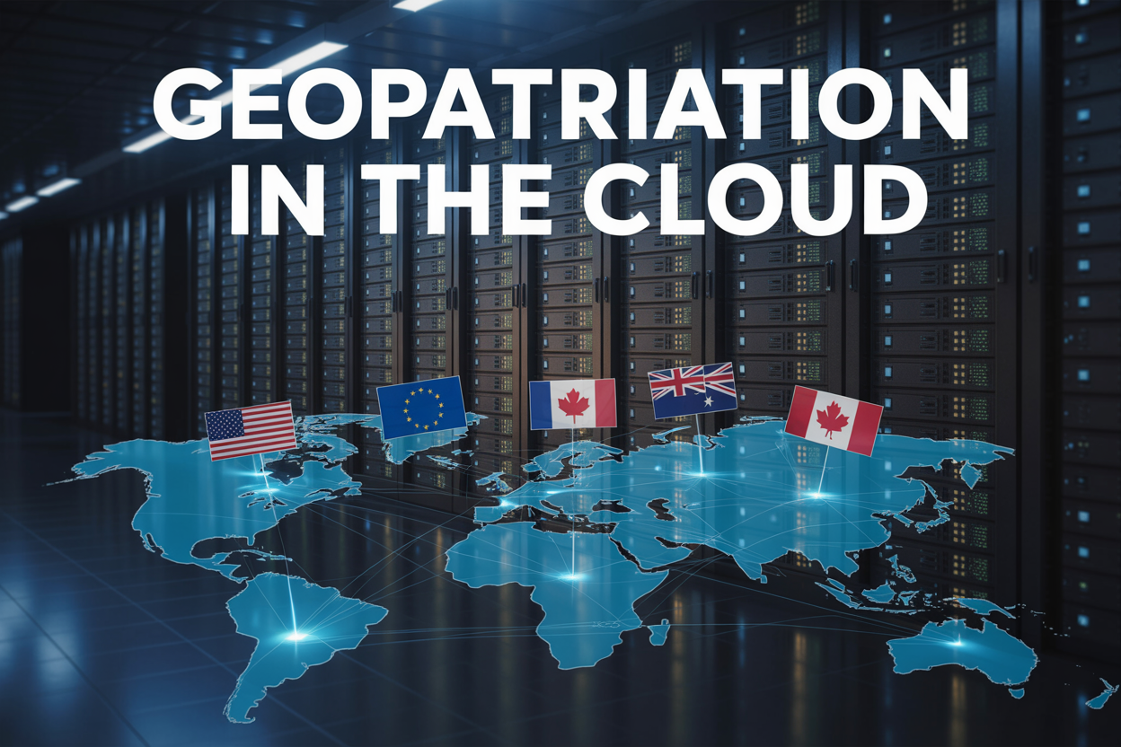 Create a realistic image of a modern data center server room with glowing server racks arranged in rows, overlaid with a semi-transparent world map showing interconnected network nodes and data flow lines in blue and green colors, with floating holographic representations of different national flags (USA, EU, UK, Canada, Australia) positioned above specific server clusters, set against a dark technological background with subtle blue ambient lighting, and prominently display the text "GEOPATRIATION IN THE CLOUD" in bold white letters across the top portion of the image.