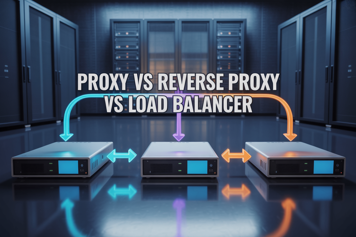 Create a realistic image of a modern network infrastructure diagram displaying three interconnected server systems with data flow arrows, featuring a sleek dark blue background with glowing connection lines, clean white servers and network equipment arranged horizontally, bright cyan and orange data flow indicators showing traffic direction between components, professional technical lighting with subtle gradients, and the text "Proxy vs Reverse Proxy vs Load Balancer" prominently displayed in bold white typography at the top center of the image.