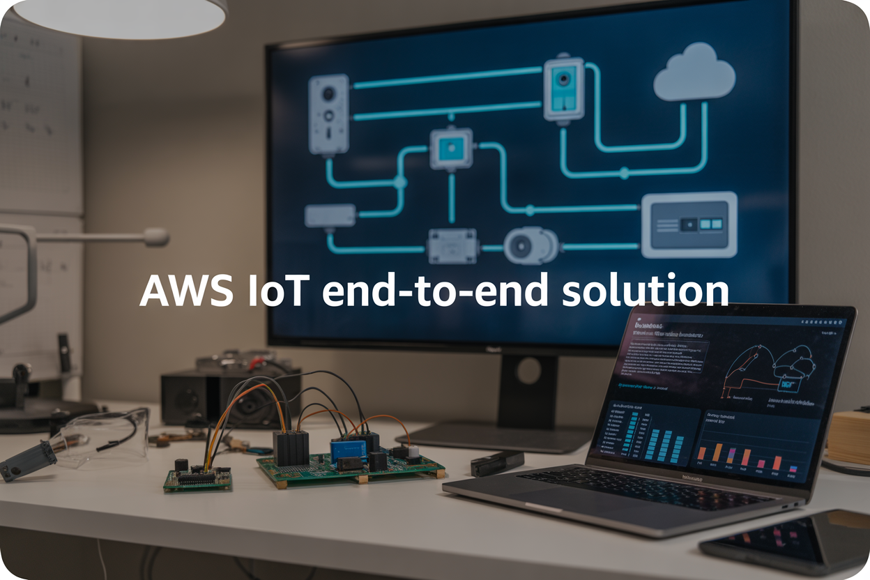 Create a realistic image of a modern tech workspace showing an AWS IoT ecosystem flow diagram on a large wall-mounted monitor, with IoT devices like sensors and microcontrollers connected by glowing blue data streams leading to cloud icons, a sleek laptop displaying AWS dashboard analytics with real-time graphs and charts, circuit boards and small electronic components scattered on a clean white desk, soft ambient lighting with a professional technology atmosphere, and the text "AWS IoT End-to-End Solution" prominently displayed in modern sans-serif font overlaying the scene.