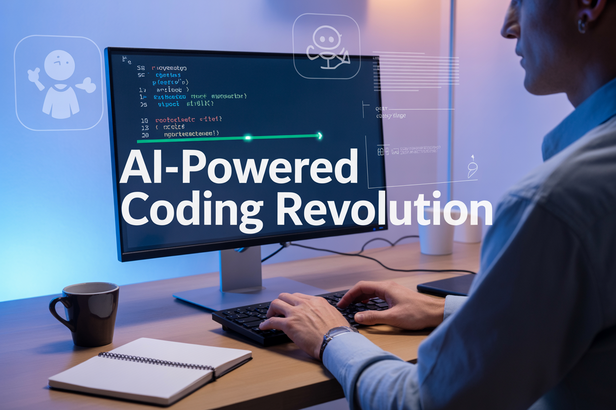 Create a realistic image of a modern developer workspace featuring a sleek computer monitor displaying code with AI-powered autocomplete suggestions and cursor highlighting, a white male developer's hands typing on a mechanical keyboard, holographic AI assistant icons floating above the screen, clean minimalist desk setup with coffee cup and notebook, soft blue and purple ambient lighting creating a futuristic tech atmosphere, with the text "AI-Powered Coding Revolution" prominently displayed in modern sans-serif font overlaying the upper portion of the image.