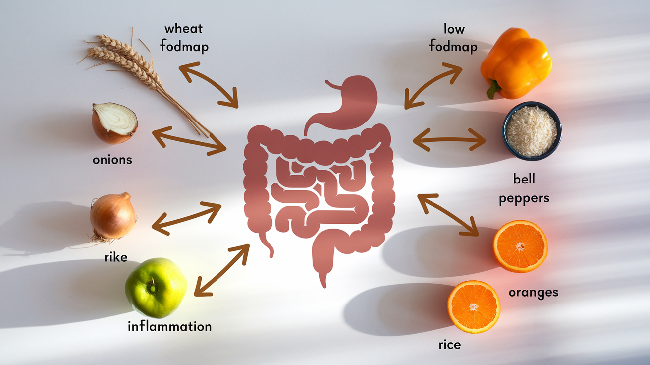 Create a realistic image of a simple diagram showing the connection between FODMAPs and IBS symptoms, with arrows connecting high FODMAP foods (like wheat, onions, apples) to a stylized intestine showing inflammation, and low FODMAP alternatives (like rice, bell peppers, oranges) with arrows to a healthy intestine, all on a clean white background with soft clinical lighting.