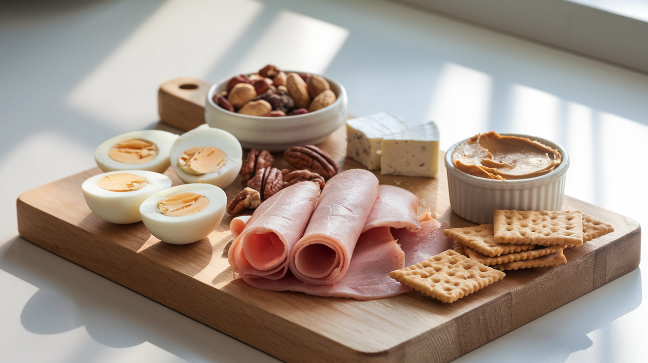 Create a realistic image of a wooden cutting board with several low FODMAP protein-rich snacks arranged attractively, including hard-boiled eggs cut in half, a small bowl of mixed nuts (walnuts, pecans), a few cubes of lactose-free cheese, turkey slices rolled up, and a small dish of natural peanut butter with rice crackers on the side, all set against a bright kitchen counter with soft natural lighting highlighting the textures of the foods.