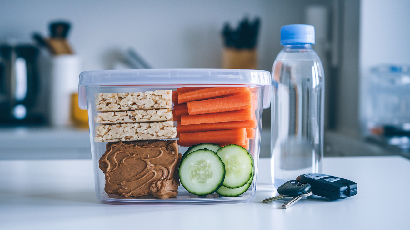 Create a realistic image of various portable low FODMAP snacks neatly packed in a transparent meal prep container and a small ziplock bag, featuring rice cakes, carrot sticks, cucumber slices, and a small container of peanut butter, placed next to a water bottle and car keys on a kitchen counter, suggesting on-the-go convenience for managing IBS symptoms.