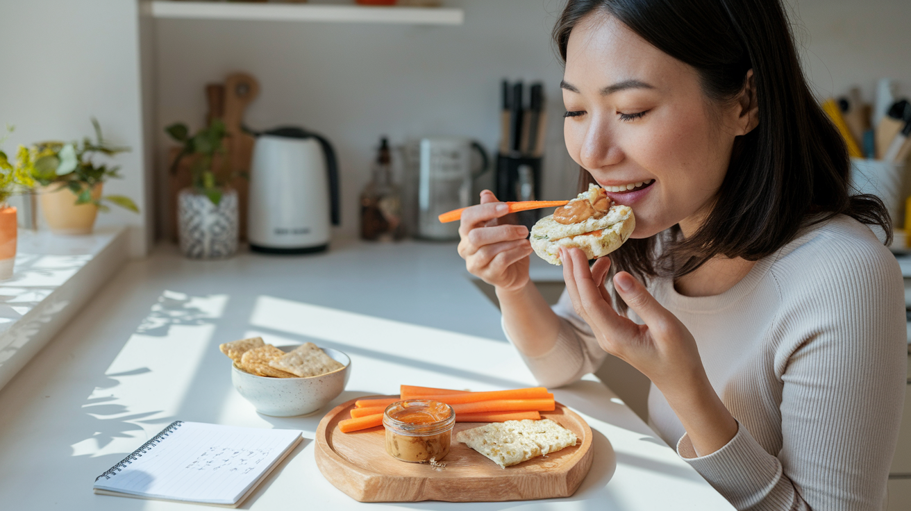 Create a realistic image of a satisfied Asian female enjoying a low FODMAP snack at a sunlit kitchen counter, with various healthy snacks (rice cakes, nut butter, carrot sticks, gluten-free crackers) arranged neatly in small bowls, suggesting energy and digestive comfort, with a small notepad showing a meal plan visible in the corner.