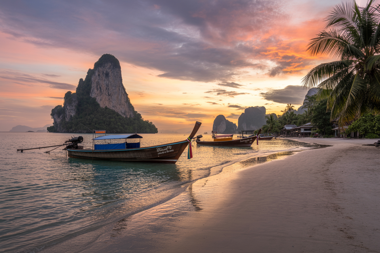Create a realistic image of a tranquil, secluded beach in Thailand at sunset with dramatic orange and pink skies, traditional longtail boats floating on turquoise water, limestone karsts in the distance, and a small pathway leading from the beach to a modest local village visible through palm trees, capturing the contrast between Thailand's natural paradise and its tourism-influenced reality.