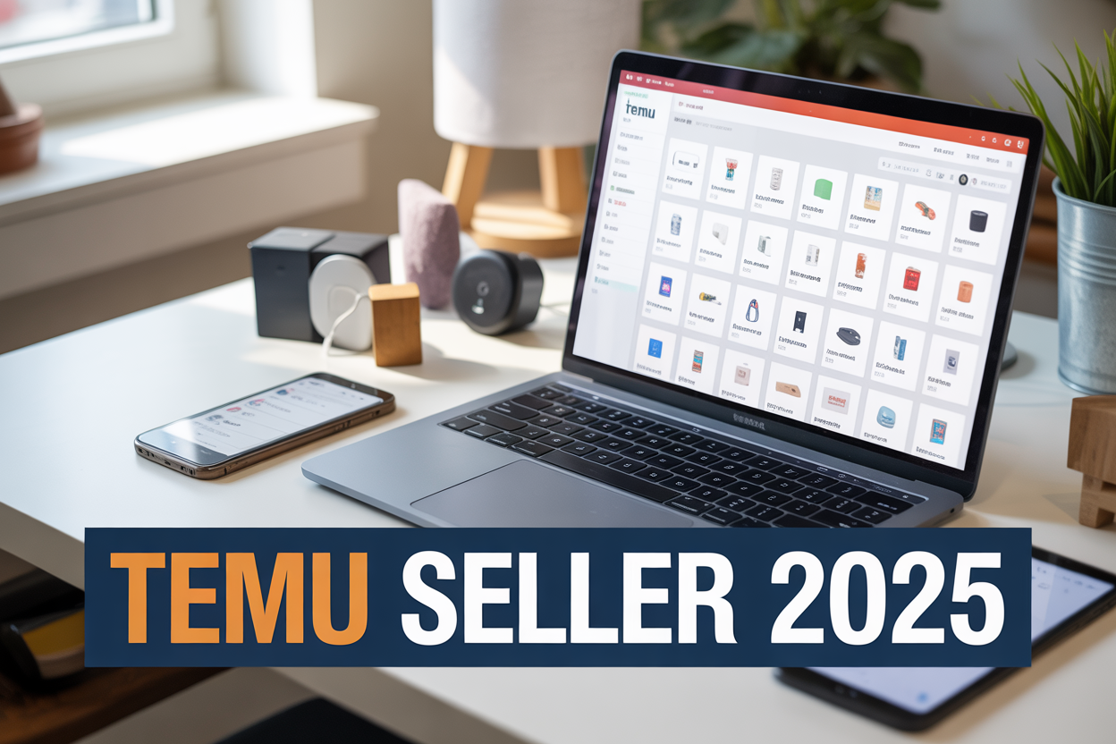 Create a realistic image of a modern workspace setup showing a laptop computer displaying the Temu seller dashboard interface with colorful product listings visible on screen, surrounded by small retail products like electronics and accessories on a clean white desk, with a smartphone showing order notifications nearby, soft natural lighting from a window, and bold text overlay reading "TEMU SELLER 2025" in professional blue and orange colors matching Temu's branding, conveying a successful e-commerce business atmosphere.