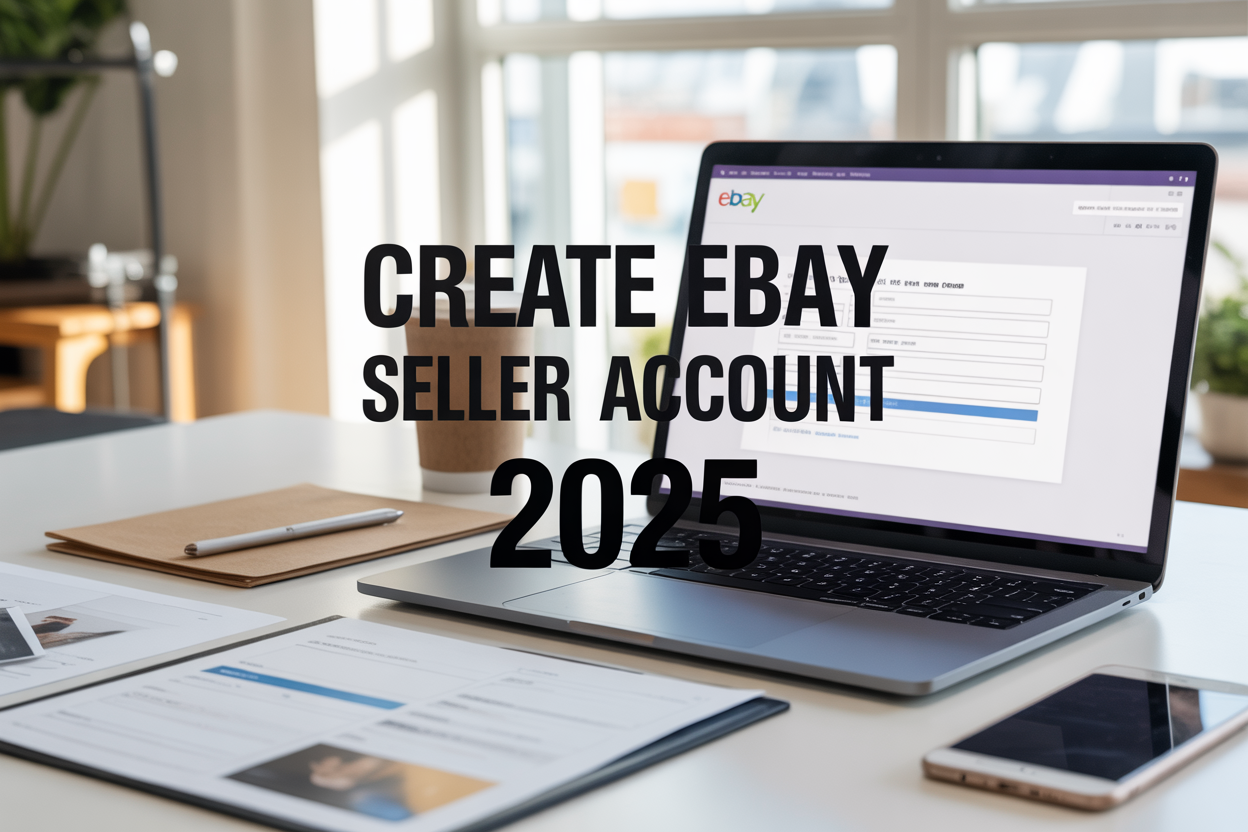 Create a realistic image of a modern laptop computer displaying the eBay seller registration page on its screen, positioned on a clean white desk with organized documents, a smartphone, and a coffee cup nearby, featuring soft natural lighting from a window, with the text "Create eBay Seller Account 2025" prominently displayed as an overlay on the image in bold, professional typography.