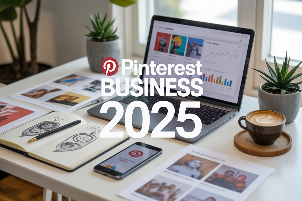 Create a realistic image of a modern workspace featuring a laptop displaying the Pinterest business interface with colorful pins and analytics graphs on the screen, surrounded by marketing materials including notebooks with sketched pin designs, a smartphone showing Pinterest mobile app, scattered printed photos and graphics, a coffee cup, and a potted succulent plant, all arranged on a clean white desk with soft natural lighting from a nearby window, with the text "Pinterest Business 2025" prominently displayed in modern typography overlaying the scene.